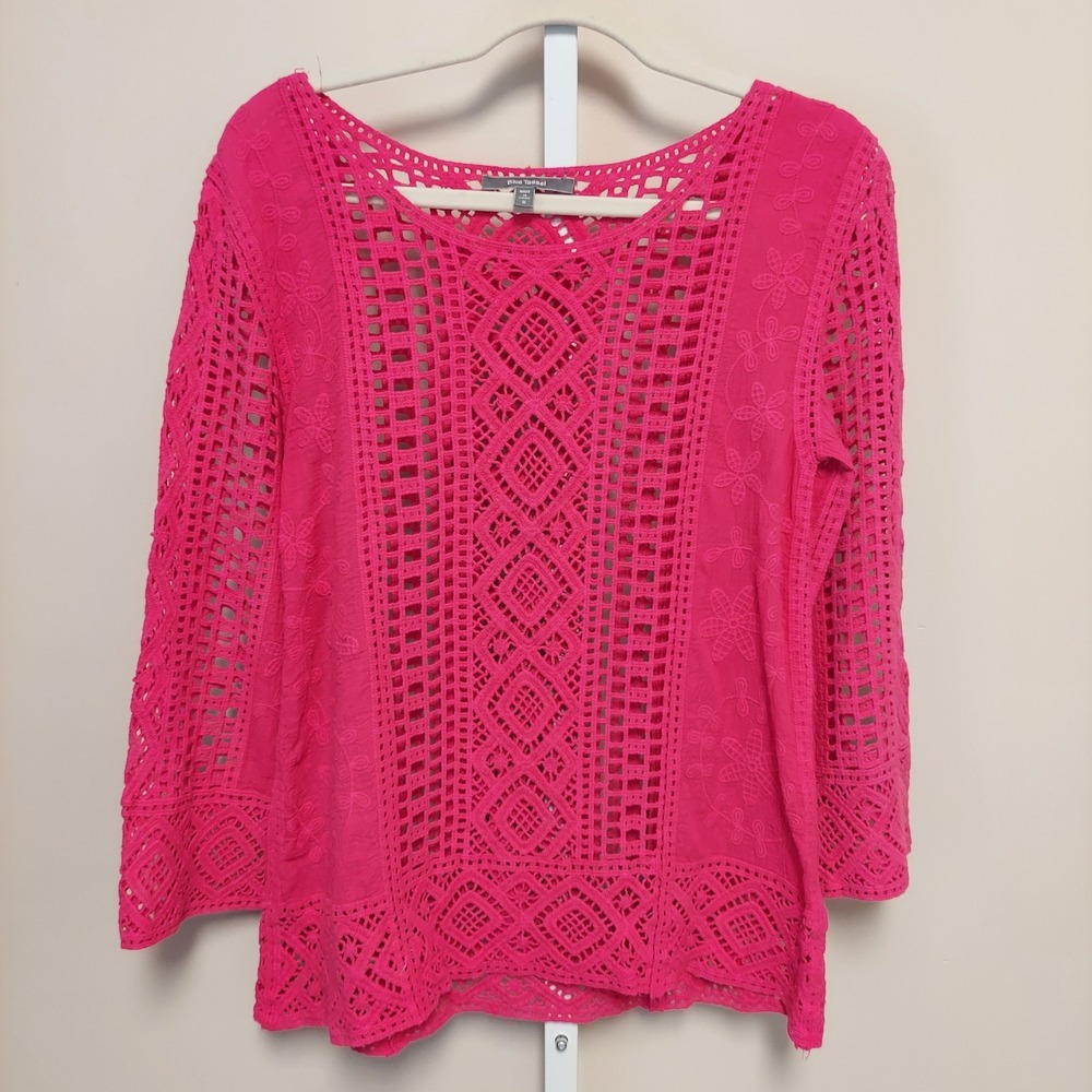 Blue Tassel Womens Pink Crochet Lace Embroidered 3/4 Sleeve Boho Top S Coastal
